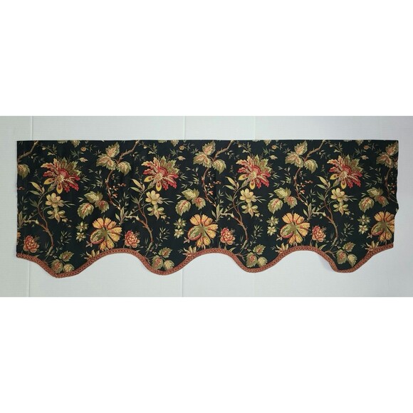Set of 2 Waverly Felicite Noir Cotton Rod-Pocket Valance Black Floral Scalloped - Picture 2 of 9